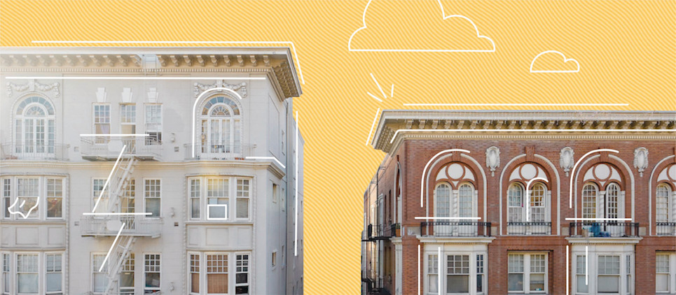 picture of two buildings side by side. On left white building and on right, light red brick building both on a yellow background.