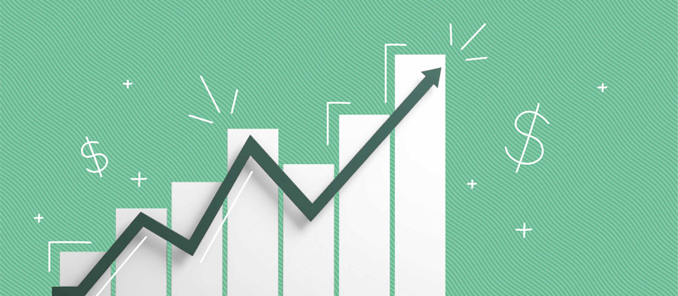 graph with an upward trend. white blocks that are slowly getting larger with an arrow pointing upwards on a green background.
