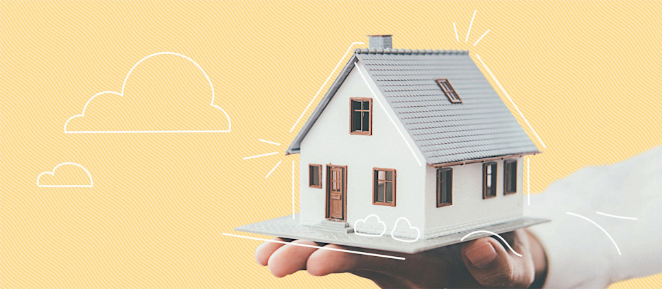 small house sitting on the palm of someone's hand with a yellow background.