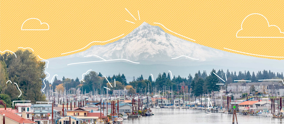 mountain in Oregon with drawn on yellow sky, and boats in the distance