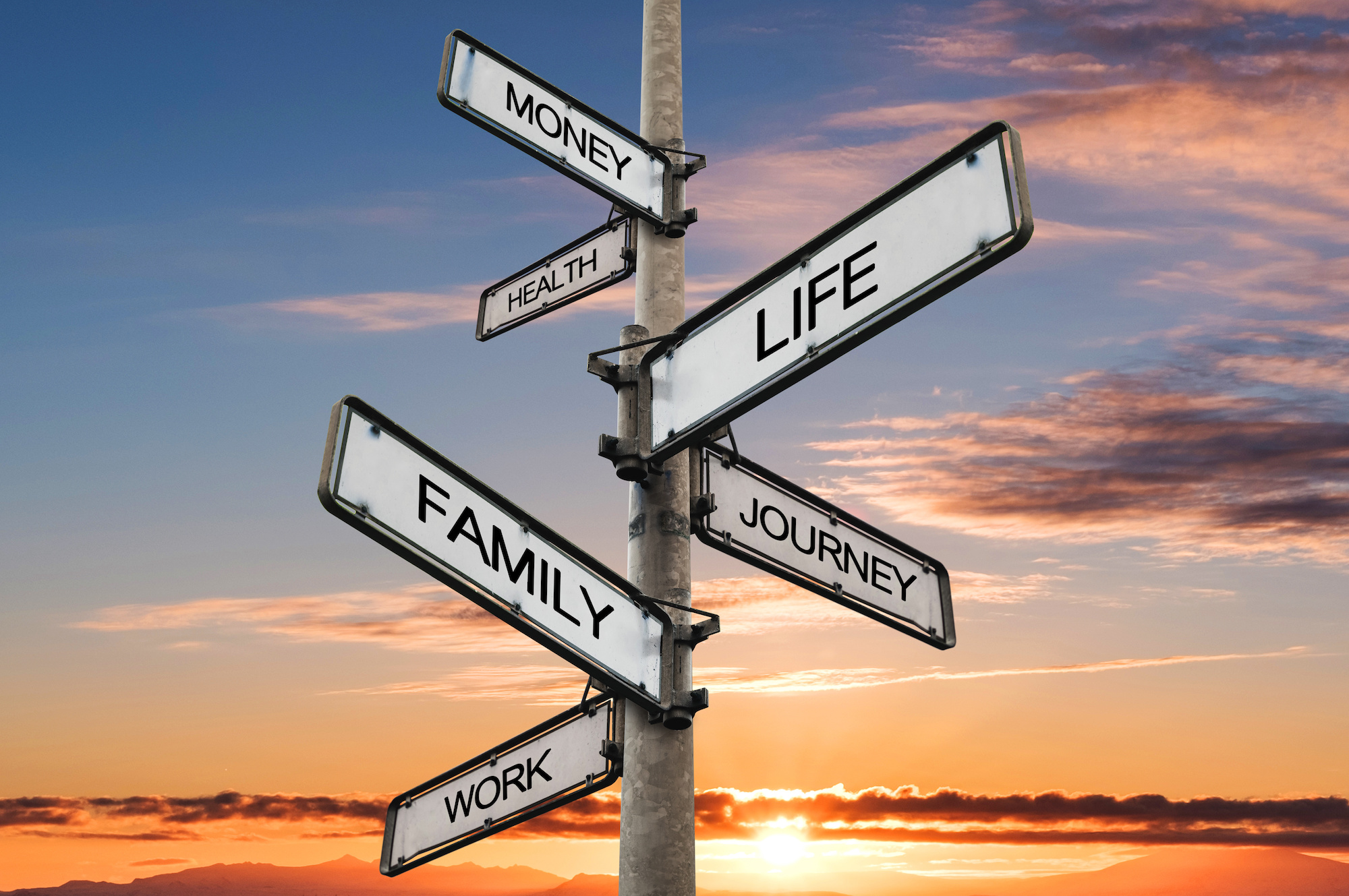 Signs pointing in different directions reading: family, health, money, work, and life. 