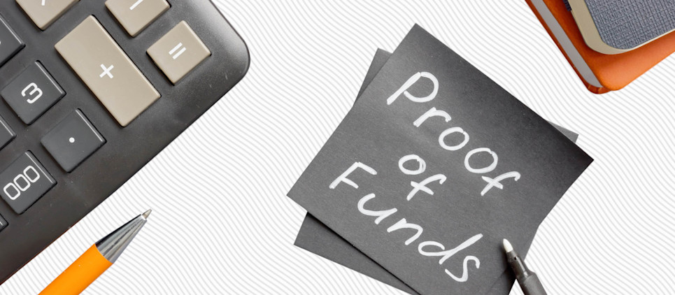 Post-it note reads "proof of funds" next to a computer keyboard and pencil.