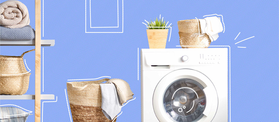 laundry room with dryer, basket and towels on a shelf all on a blue background