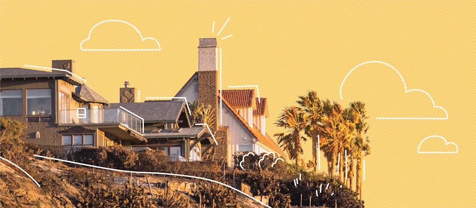 three large houses sitting on a hill with palm trees on a yellow background