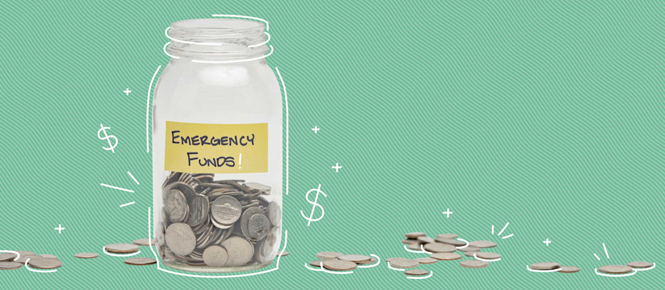 money jar with coins that states emergency funds on a green background