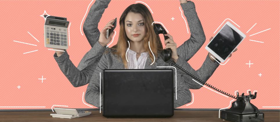 Woman with eight imaginary arms holding a phone, calculator, tablet, laptop, rotary phone.