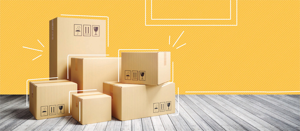 stacked boxes on yellow background