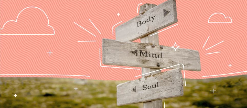 Three signs reading "body", "mind", and "soul" point in different directions. 