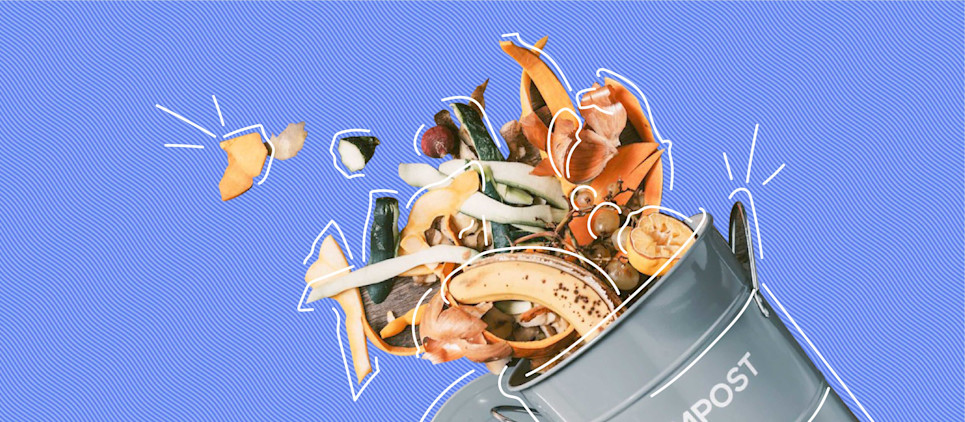 overflowing compost bin on blue background