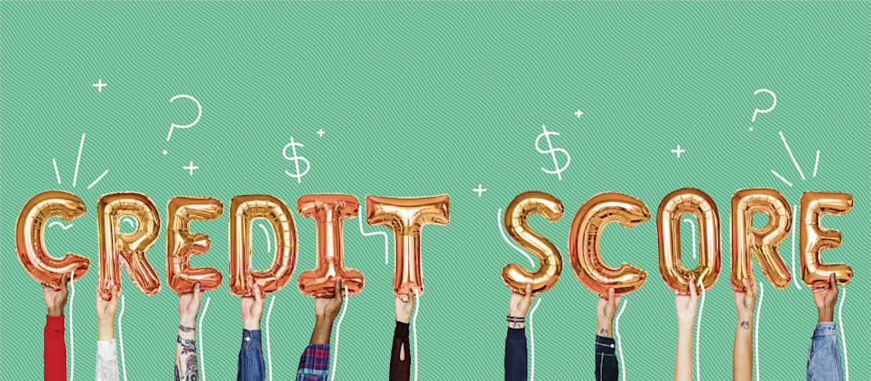 spelled out credit score balloons on green background