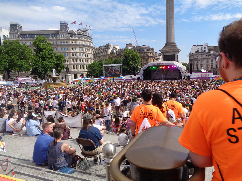 Trafalgar Square crowd during pride, from viewing platform