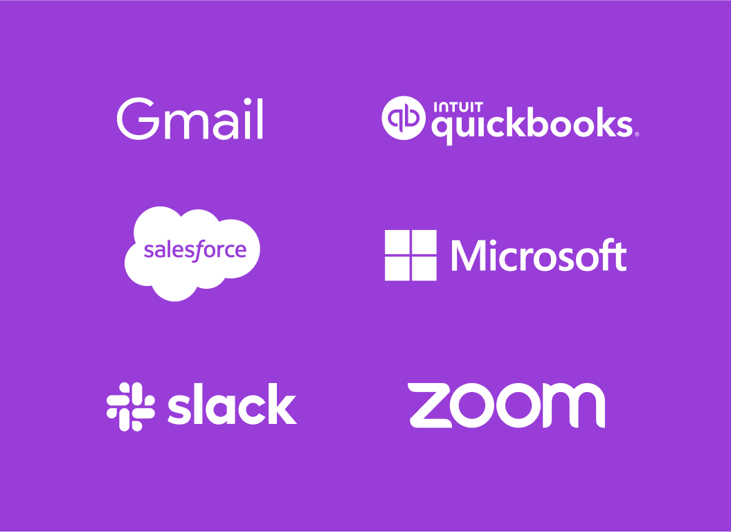 Integrations logos of Gmail, Quickbooks, Salesforce, Microsoft, Slack, and Zoom