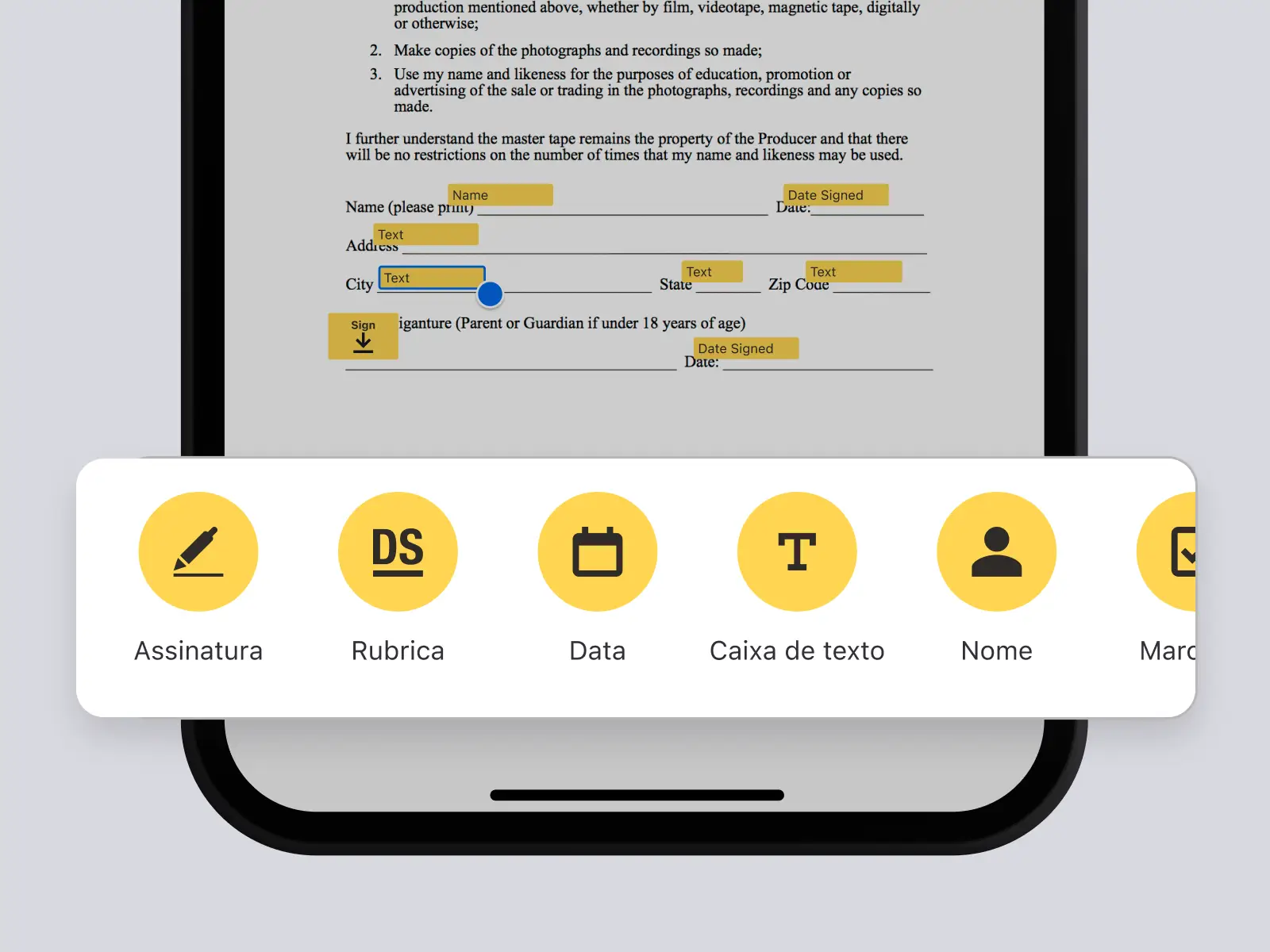 Tela de telefone mostrando documento no aplicativo da DocuSign com opções para adicionar uma assinatura, rubricas, data e mais