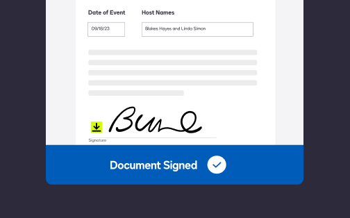 A document with a signature and a notice saying ‘Document Signed’