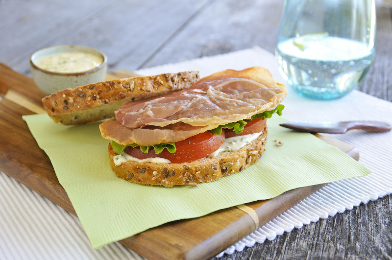 prosciutto sandwich with lettuce tomato and mayonnaise