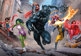 Thumbnail image for website. Features Black Panther, Wolverine, She-Hulk, Thor, Scarlet Witch, Human Torch, Iron Man, Ms. Marvel, Wasp.