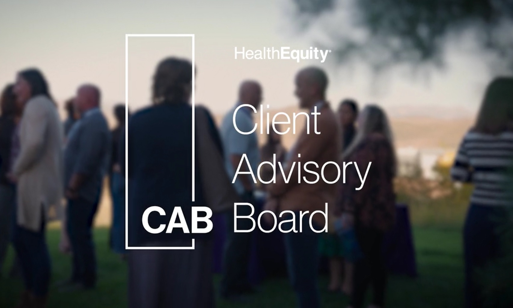 Photo of professionals discussing HSAs and employee benefits at an outdoor party. A text overlay reads, HealthEquity Client Advisory Board (CAB).