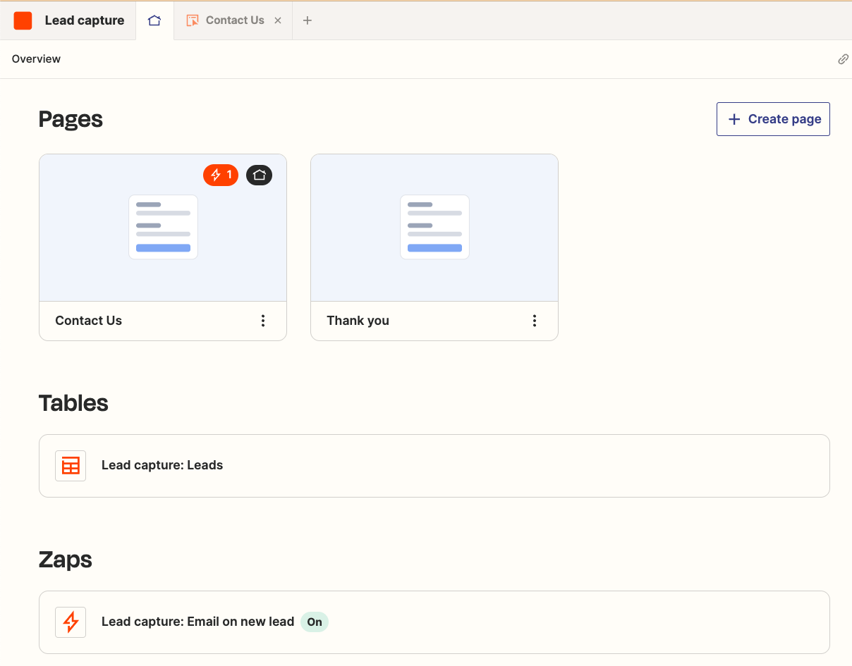 Lead Capture template pages, tables, zaps