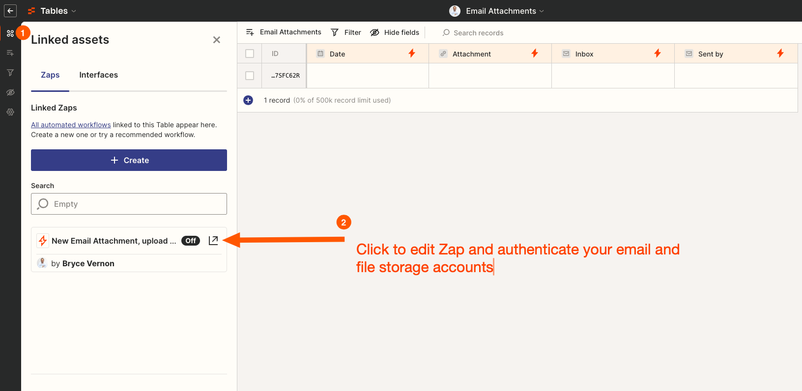 Edit Zap within email attachment saver table