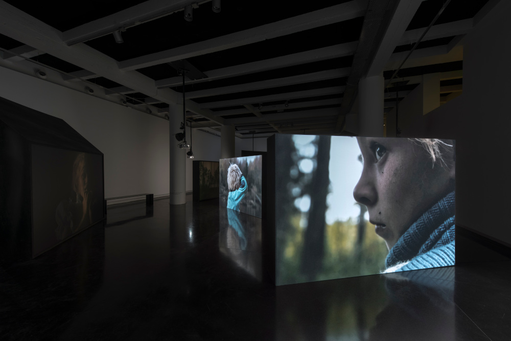 «Braguino or the impossible community», 2017, installation of 9 modules (video boxes), sound, 48mn 45s. Exhibition views, Le BAL, 2017. Photo : Martin Argyroglo.