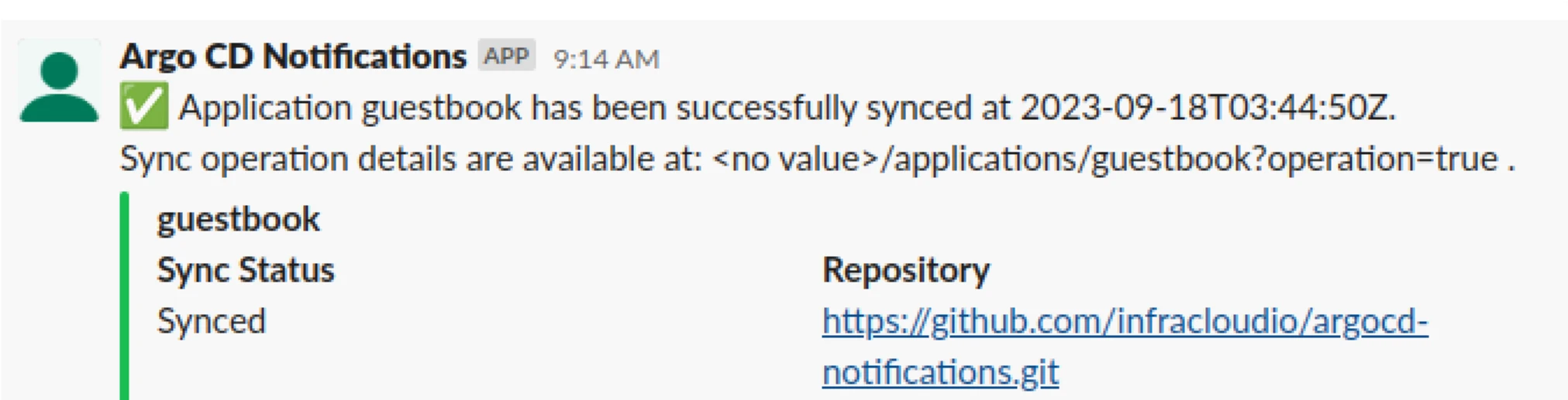 Notification automatically sent to Slack channel