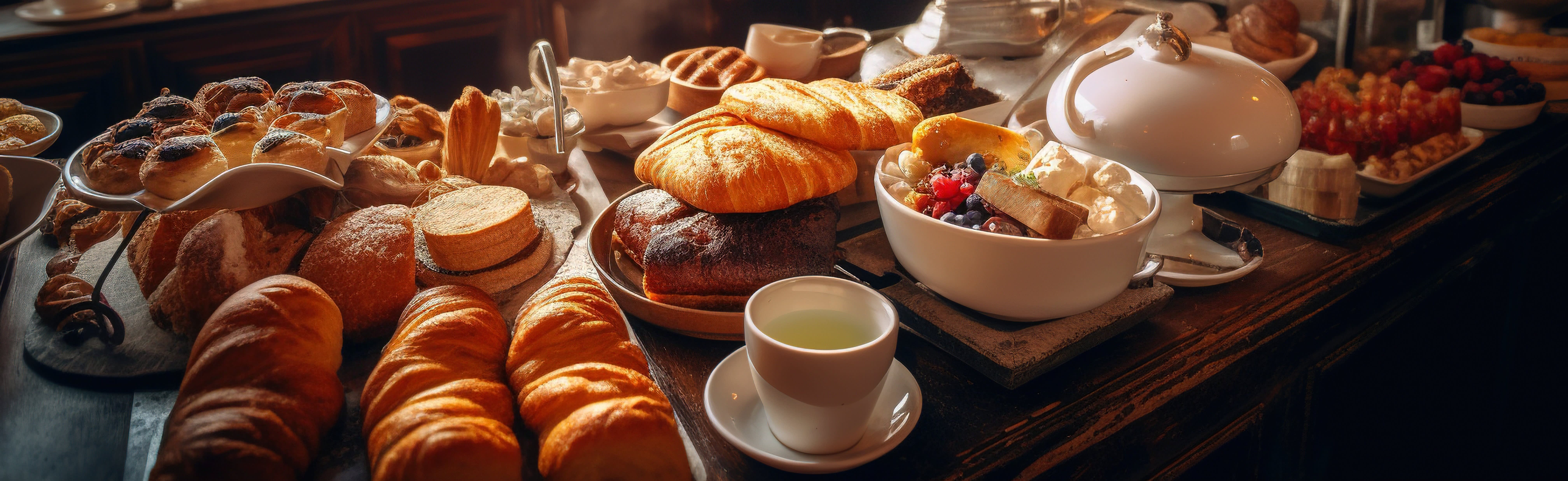 Breakfast Spread - Stock  - Pastries and hot drinks in a breakfast spread 