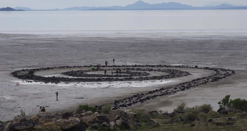 Lake Bonneville Region | Photo Gallery | 1 - View of people walking out by the Spiral Jetty in the Great Salt Lake