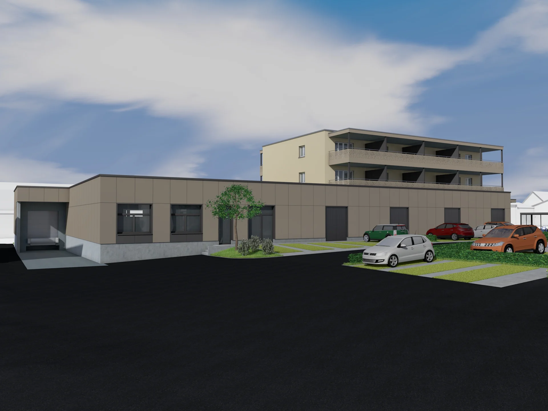 Visualisierung der Überbauung, in deren Erdgeschoss die Migros Oberbüren realisiert wird.