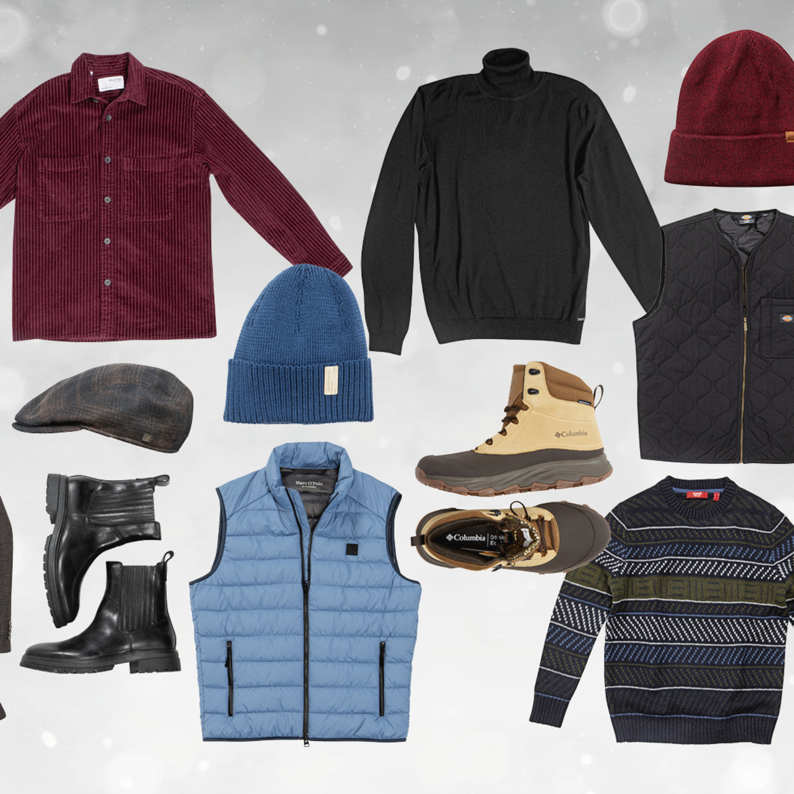 Kuvaan koottuna kerrospukeutumisaiheisen kapselivaatekaapin vaatteet.