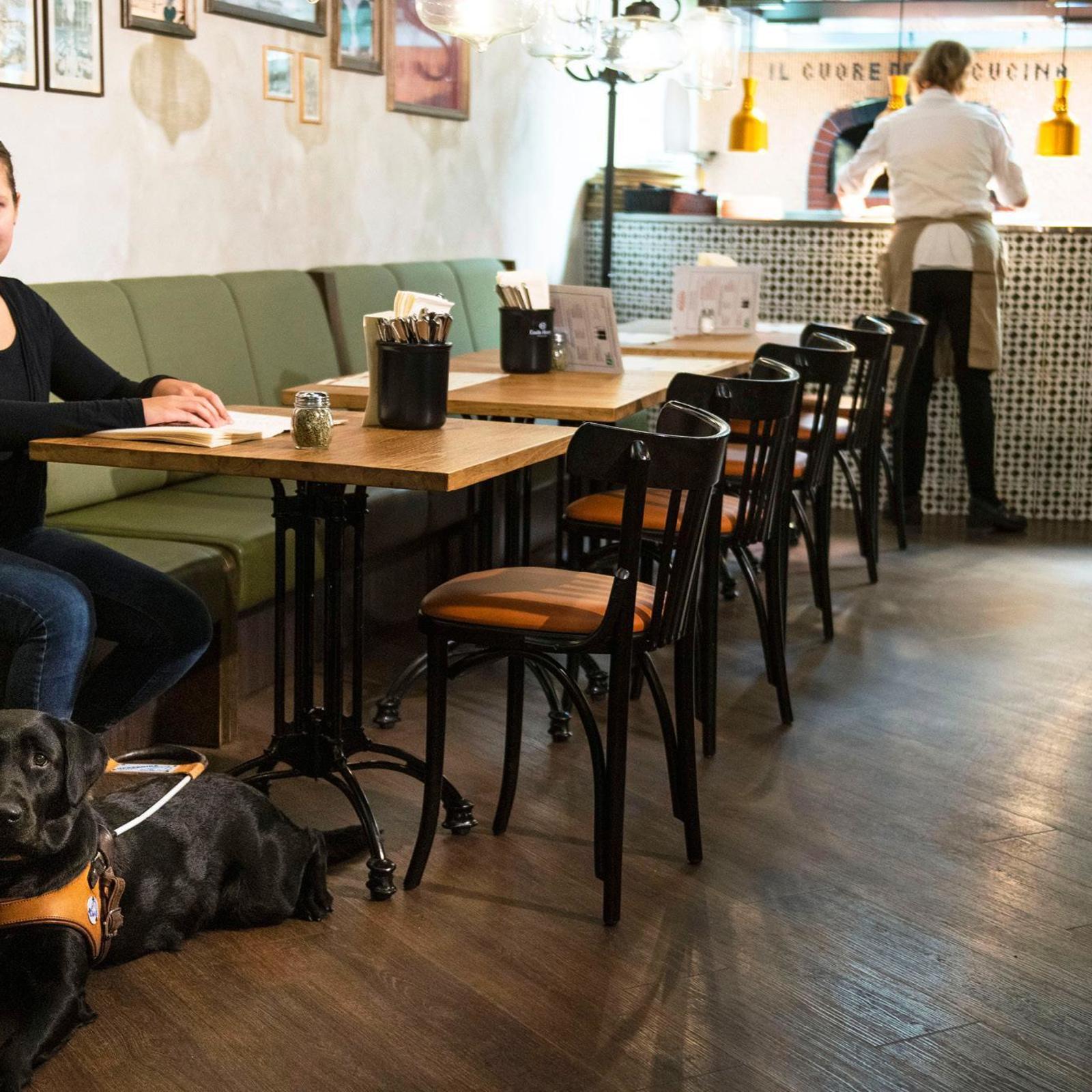 Näkövammainen Susanna Halme istuu Rosson ravintolapöydässä lukemassa ruokalistaa.