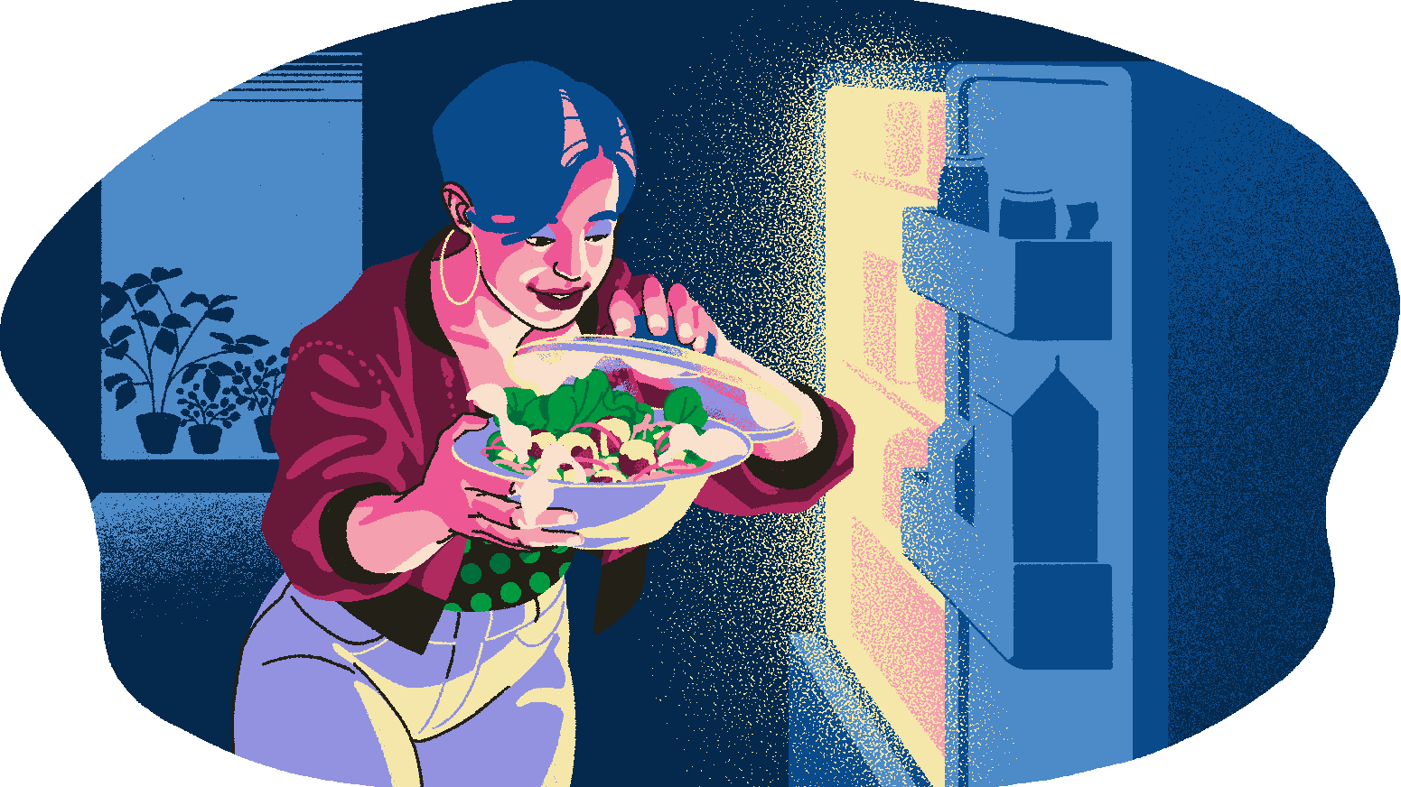 Piirroskuva jossa henkilö on ottanut jääkaapista kuvulla peitellyn salaattiannoksen