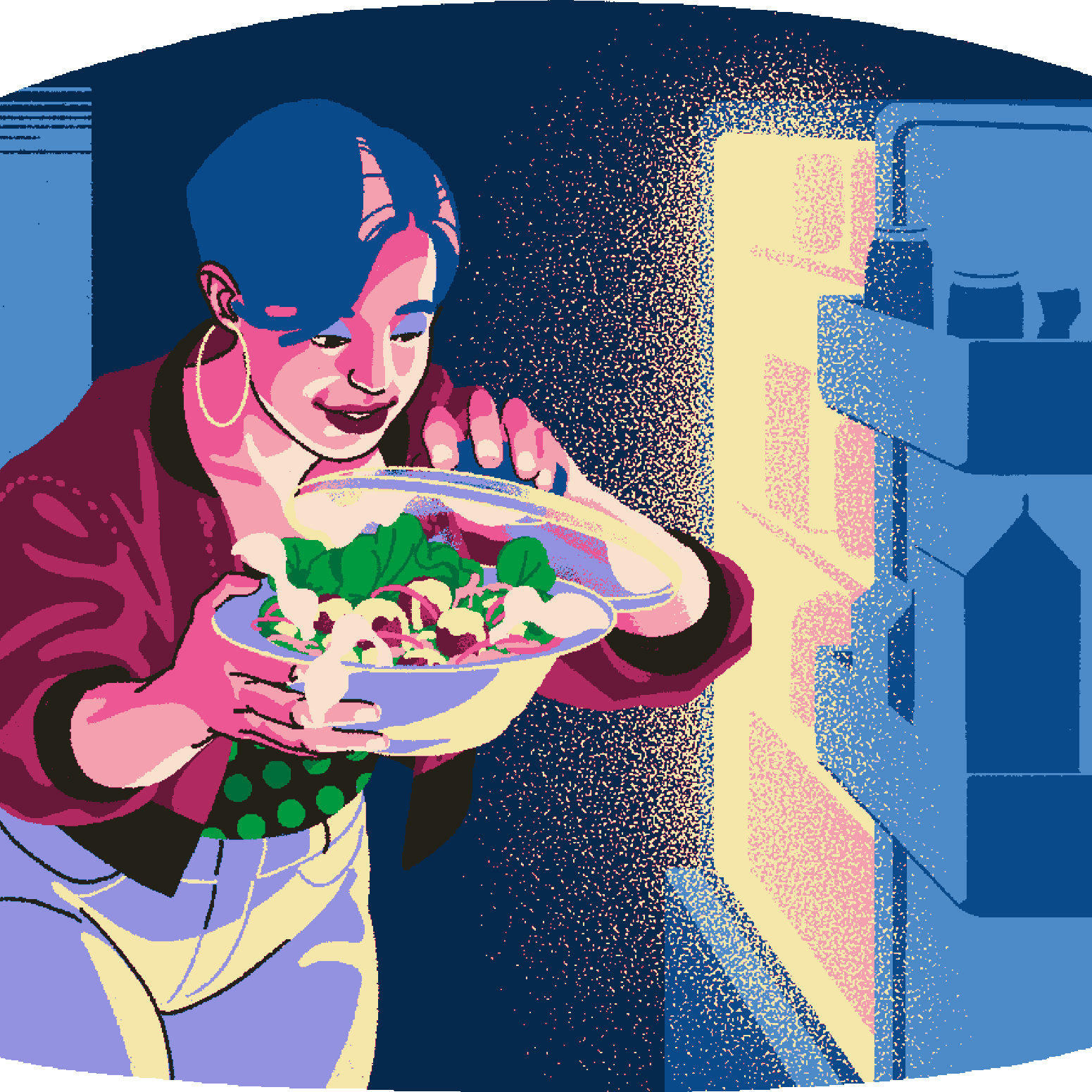 Piirroskuva jossa henkilö on ottanut jääkaapista kuvulla peitellyn salaattiannoksen