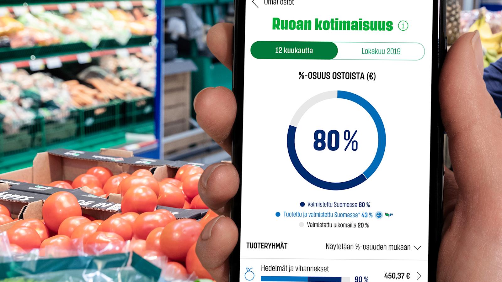 Omat ostot -palvelun kotimaisuuslaskurilla näet ostoskorisi todellisen kotimaisuusasteen.