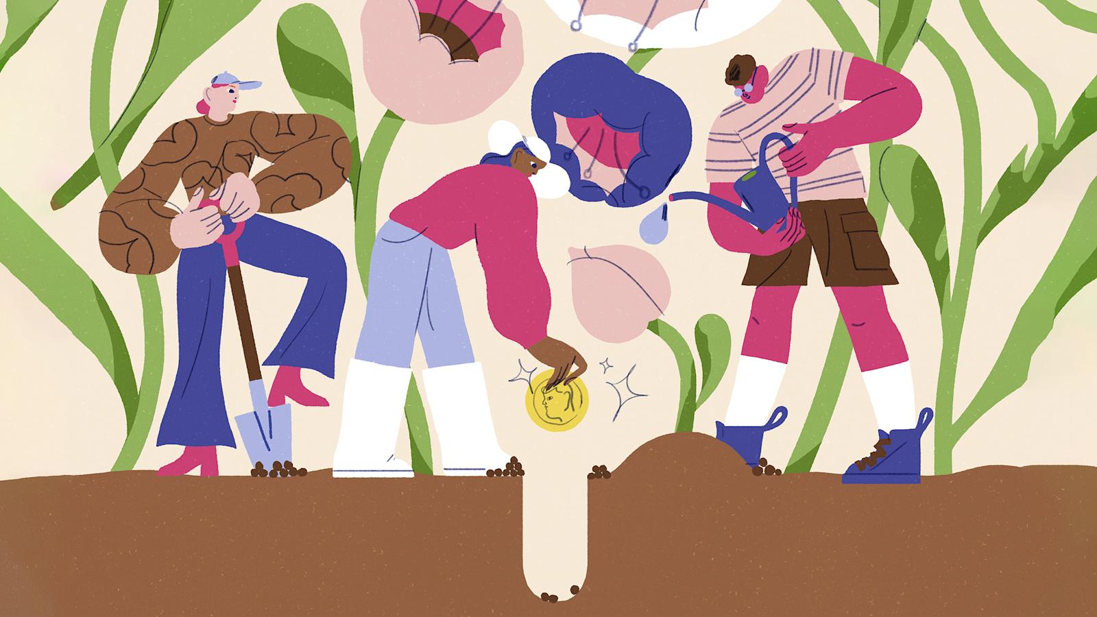 Piirroskuvitus, jossa raha laitetaan maahan kasvamaan.