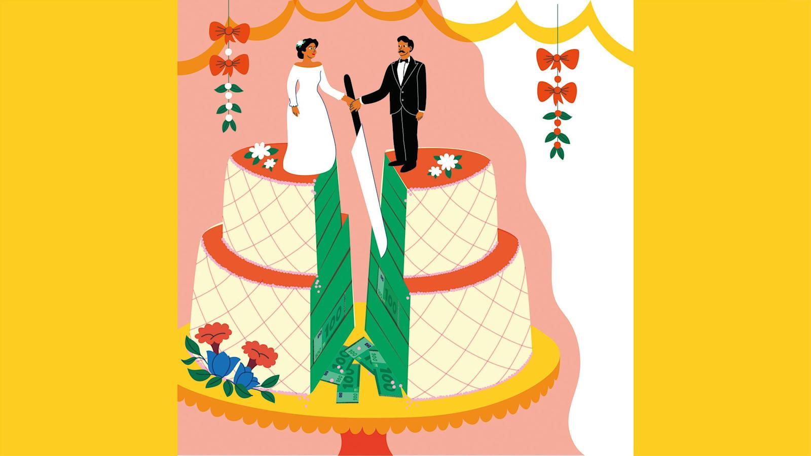 Kuvassa leikattu kakku, joka kuvastaa avioeroa.