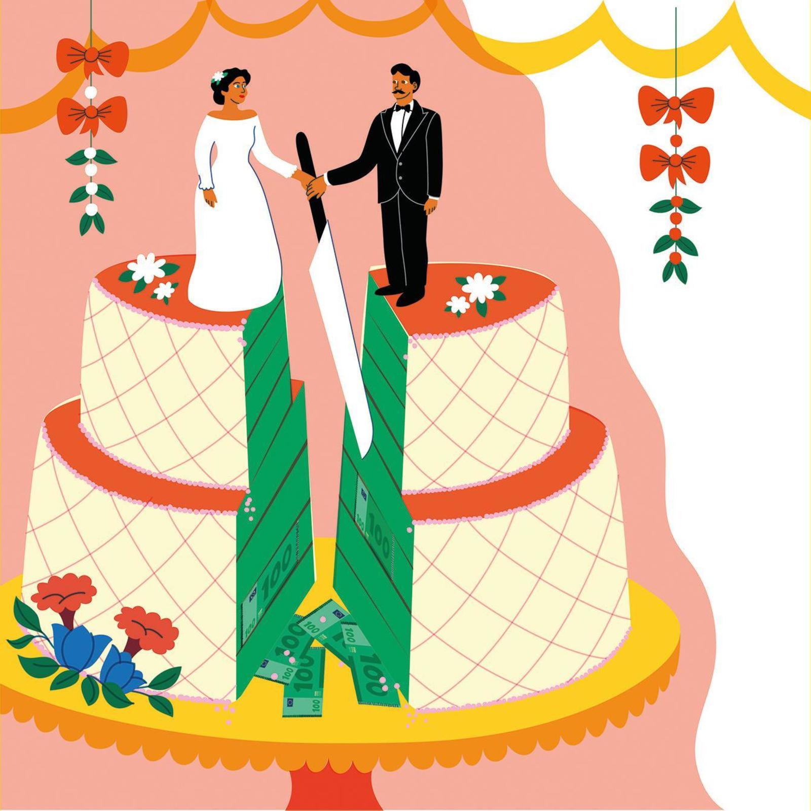 Kuvassa leikattu kakku, joka kuvastaa avioeroa.