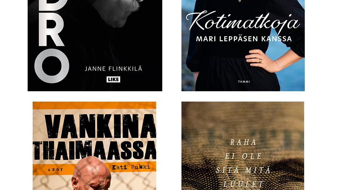 Neljän kirjan kannet: Kotimatkoja Mari Leppäsen kanssa, Vankina Thaimaassa, Raha ei ole sitä mitä luulet ja Pedro