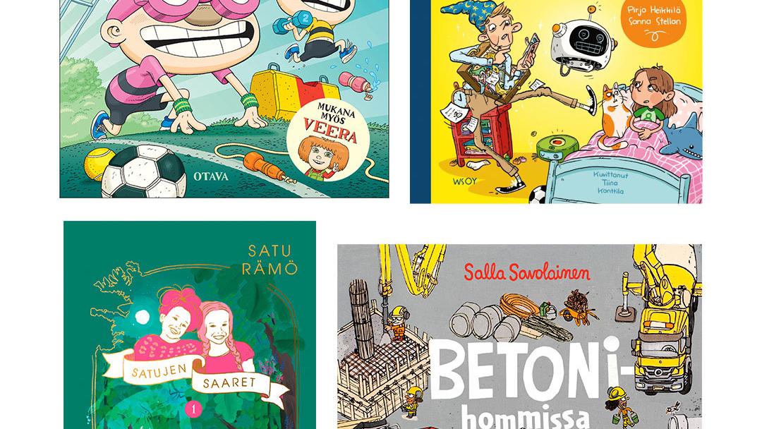 Neljän kirjan kannet: Betonihommissa, Lottalehto, Tatu ja Patu – Paikoillanne, valmiit, hep! ja Kukkumaanmenoaika