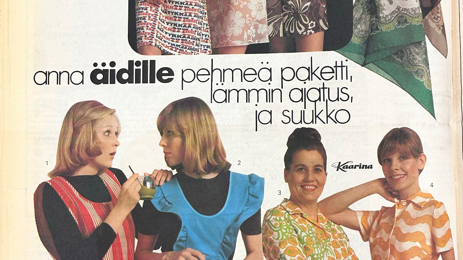 "Anna äidille pehmeä paketti, lämmin ajatus ja suukko." Osuuskaupat kehottivat ostamaan äidille muodikkaita tekstiilejä.
