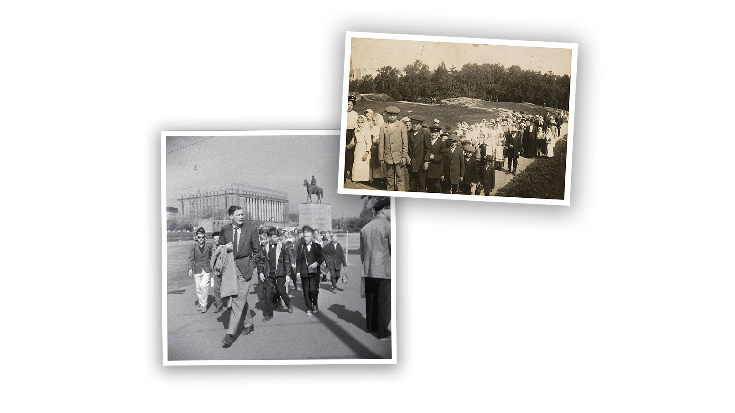 Vasemmalla: Luokkaretkeläisiä Helsingin ydinkeskustassa vuonna 1962. Oikealla: Jonottaminen Tähtitorniin Helsingin Kaivopuistossa vetää vakavaksi Laatokan Karjalasta saapuneet Hiitolan kansakoululaiset. Eletään vuotta 1908.