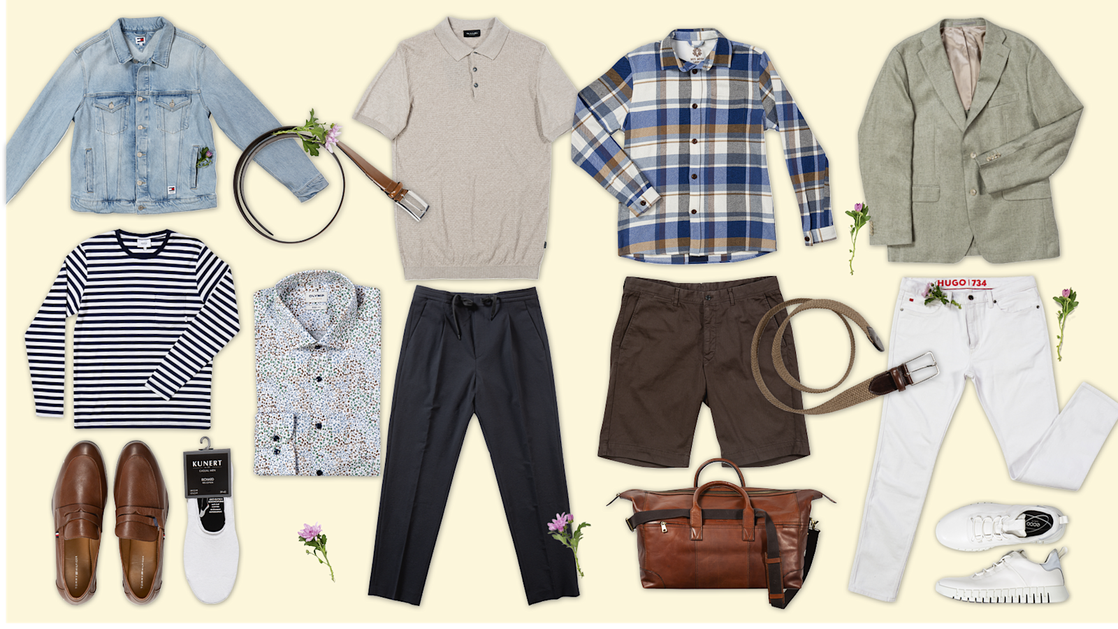 Miesten vaatekooste, jossa muun muassa paitoja, takkeja, housuja ja kenkiä. Somisteena kukkia.