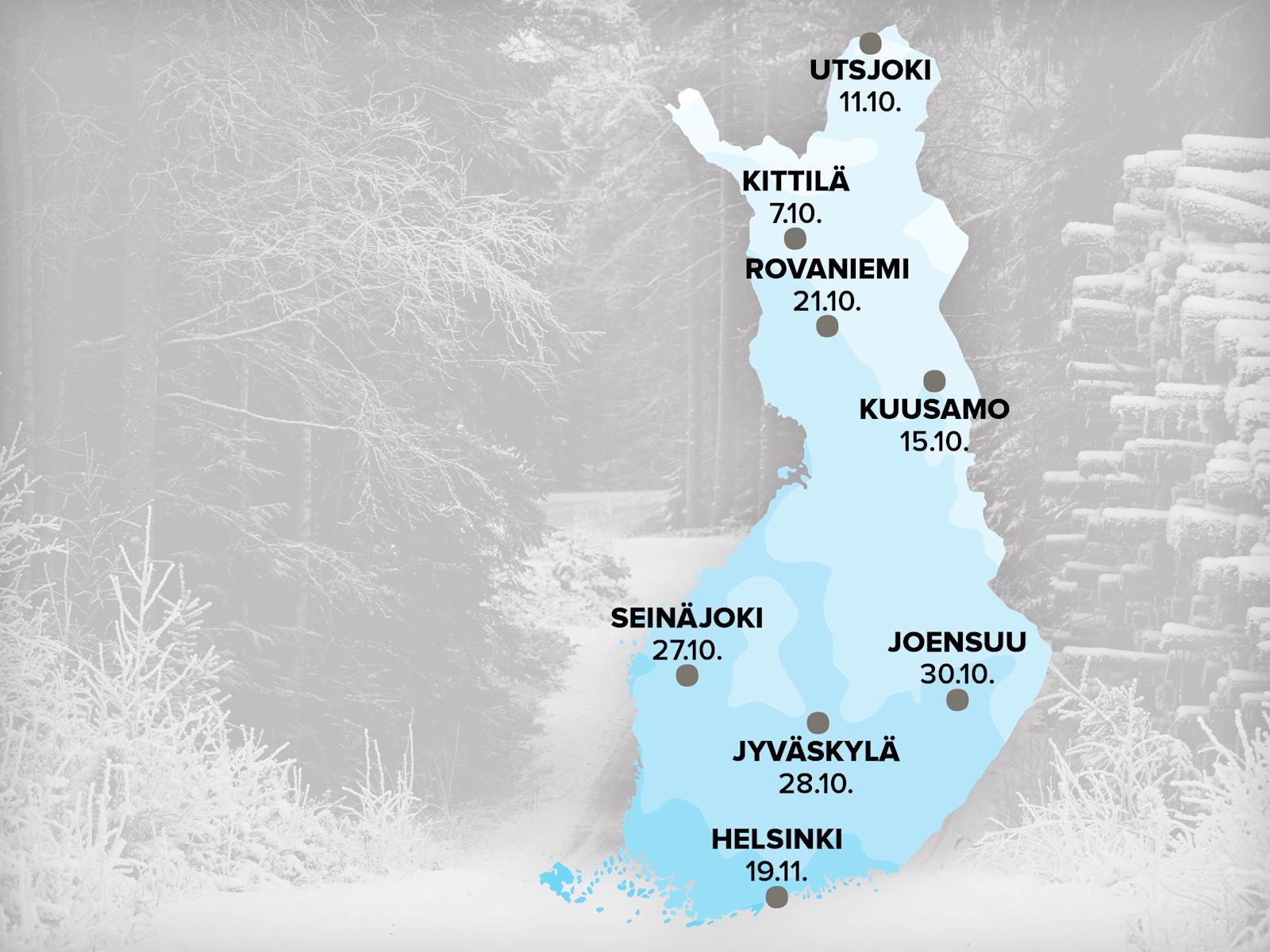Ensilumen satamisajankohta keskimäärin eri puolilla Suomea