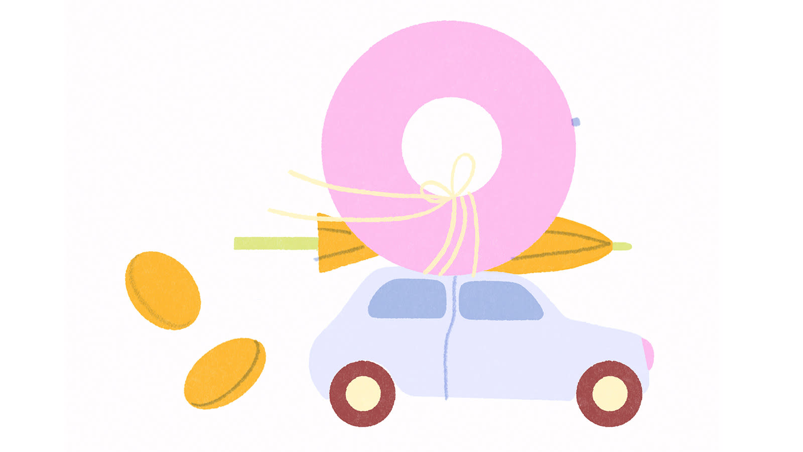 Piirroskuvitus, jossa auto, jonka katolla on suuri uimarengas ja aurinkovarjo ja perästä putoaa kolikoita