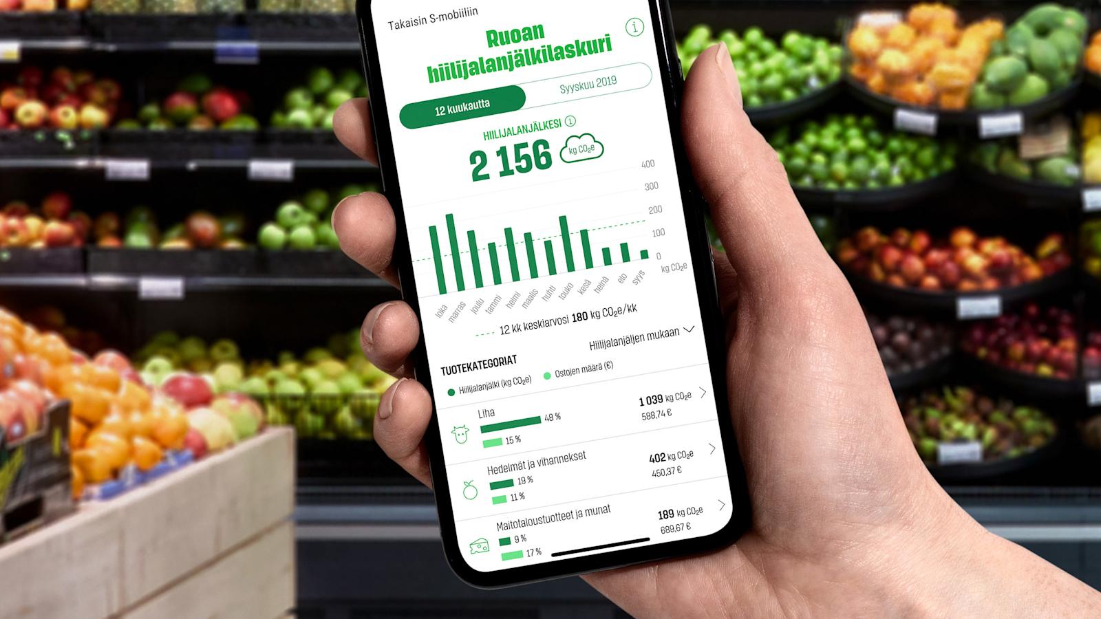 Omat ostot -palvelun hiilijalanjälkilaskurin avulla voi seurata oman ruokakorinsa hiilivaikutusta tuoteryhmätasolla.