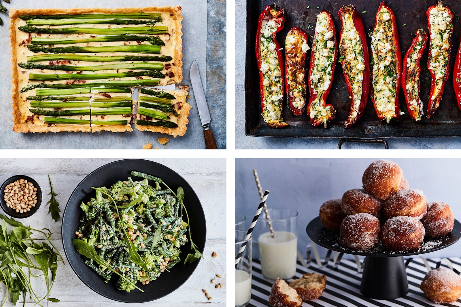 Kauniista parsapiirakasta ja veikeistä paprikaveneistä syntyy helposti värikäs juhlapöytä. Eikä vappujuhlia ilman tuoreita kotitekoisia munkkeja!