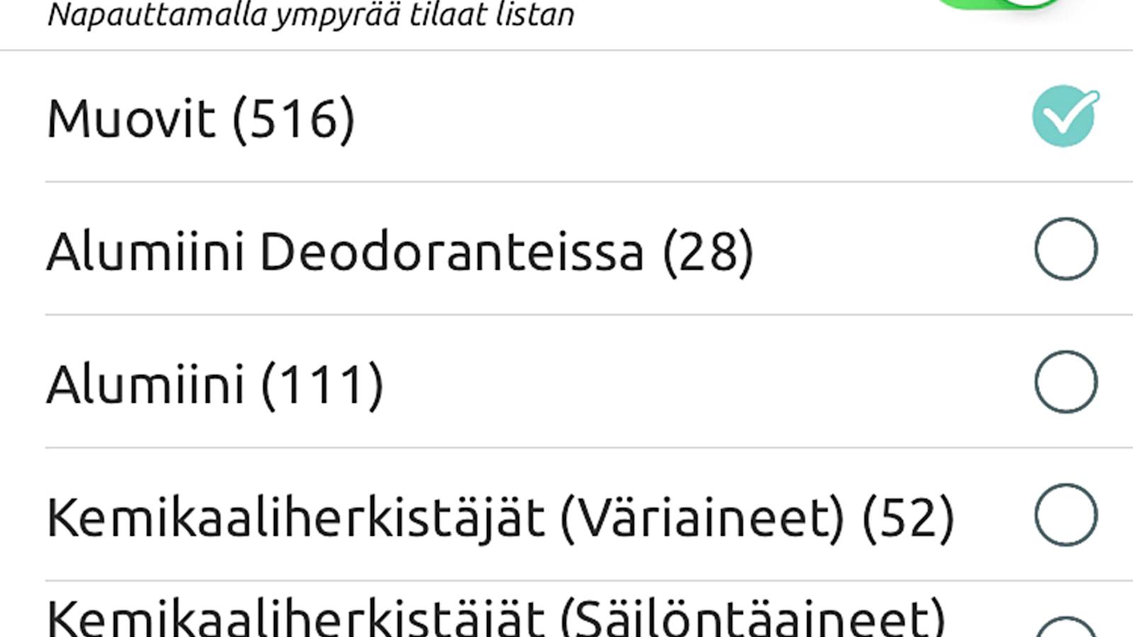 Lisäksi voit valita tai tehdä listoja, jotka varoittavat esimerkiksi eläinperäisistä tuotteista.