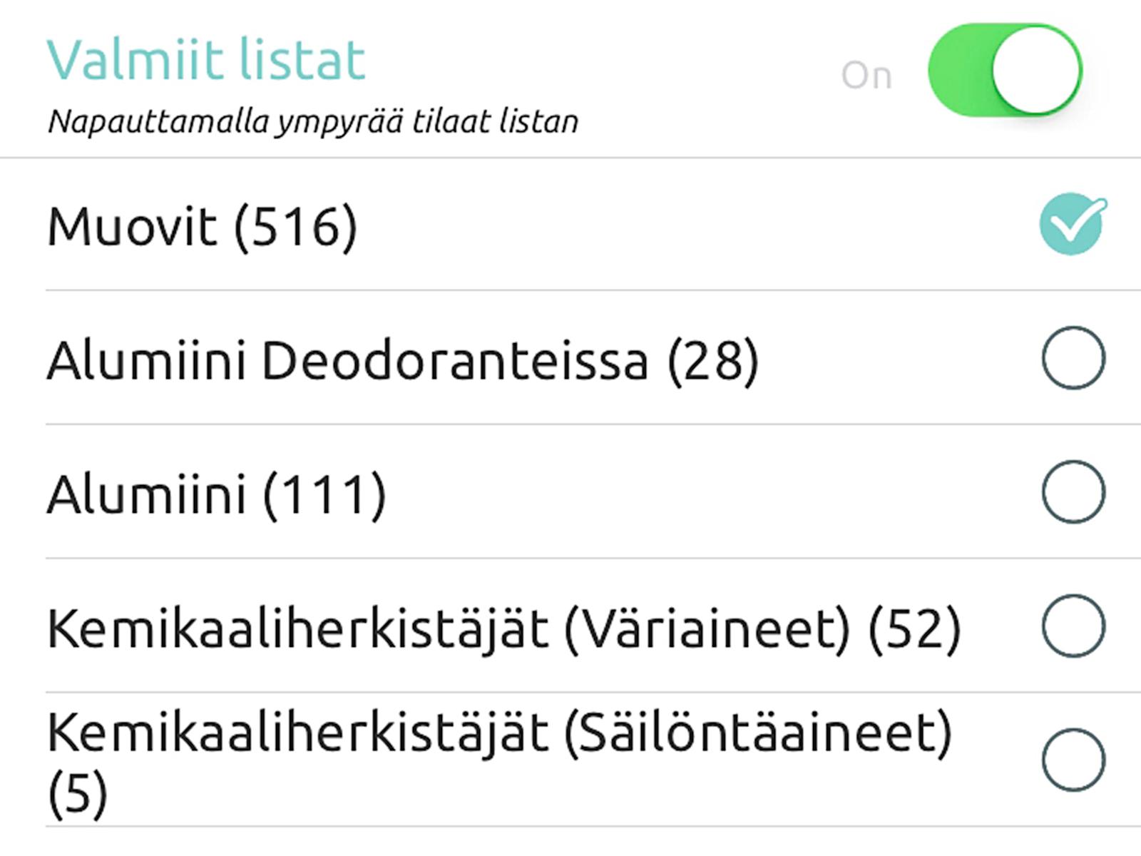 Lisäksi voit valita tai tehdä listoja, jotka varoittavat esimerkiksi eläinperäisistä tuotteista.