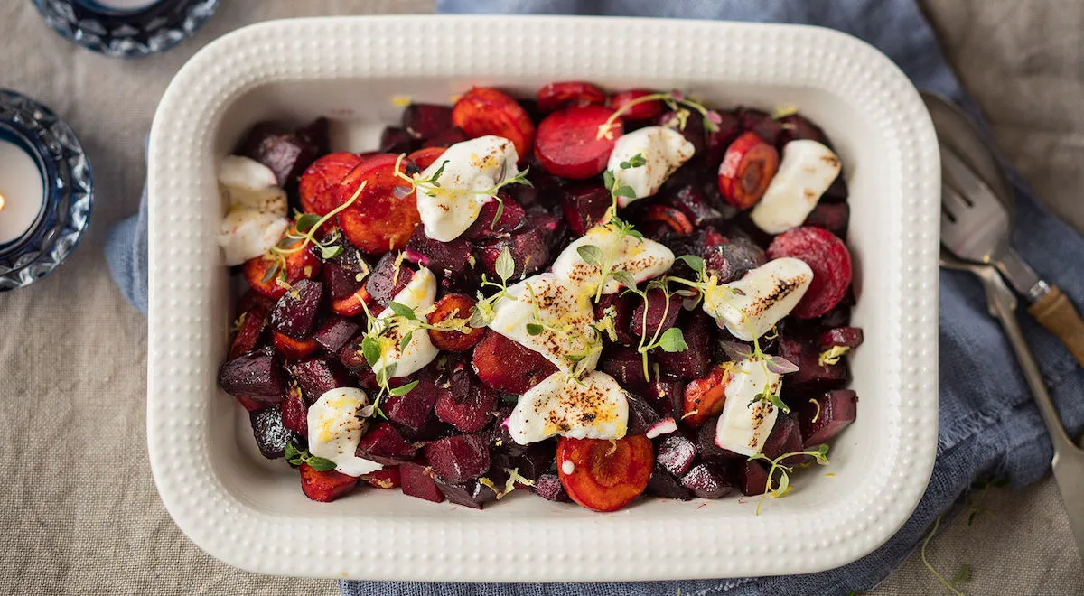 Paahdettu punajuuri-vuohenjuustovuoka