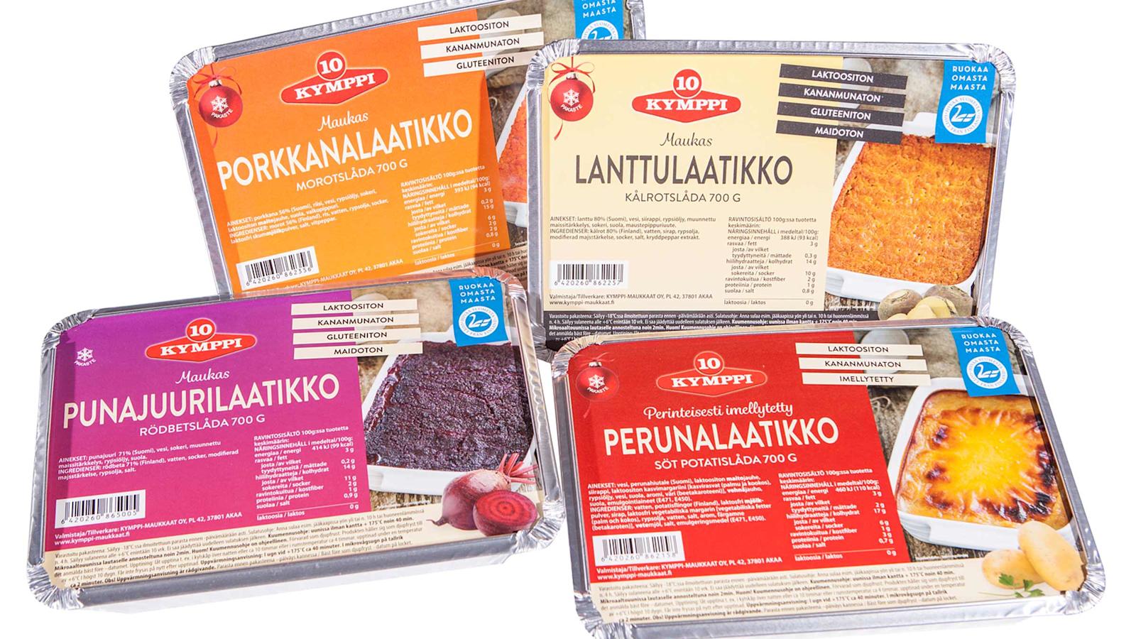 Kymppi porkkana-, lanttu-, punajuuri- ja imelletty perunalaatikko