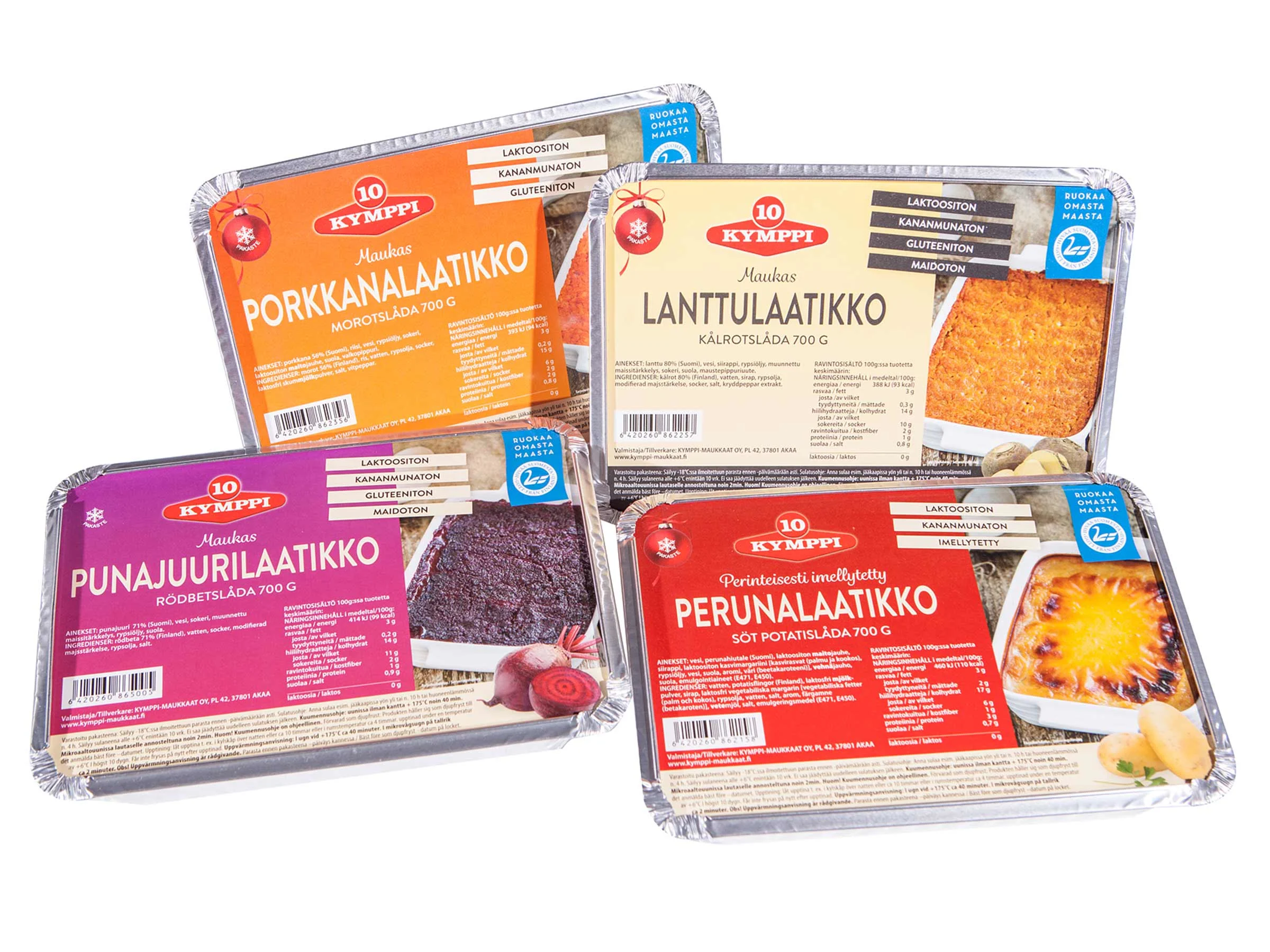 Kymppi porkkana-, lanttu-, punajuuri- ja imelletty perunalaatikko
